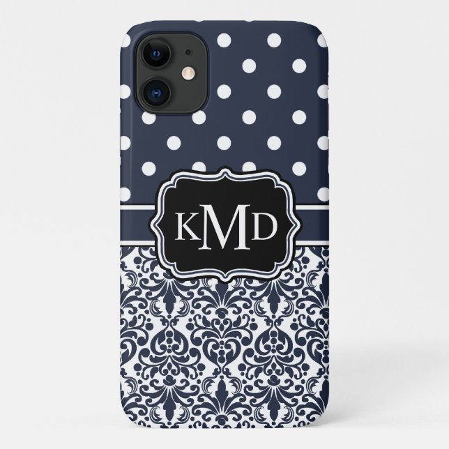 Trio Mit Monogramm Navy Damask Case-Mate iPhone Hülle (Rückseite)
