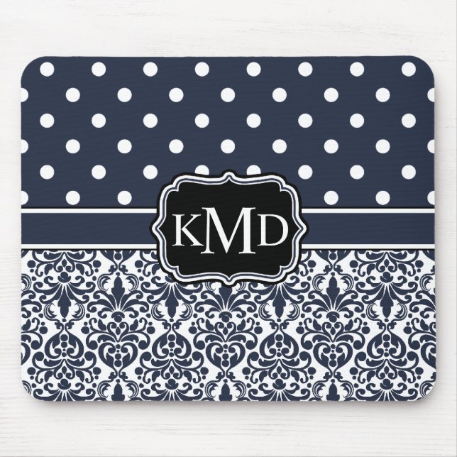 Trio Mit Monogramm Navy Damask Mousepad (Vorne)