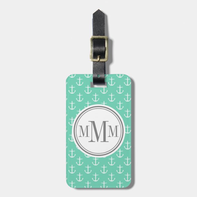 Trio Monogram Minze White Anchor Muster Gepäckanhänger (Vorderseite vertikal)