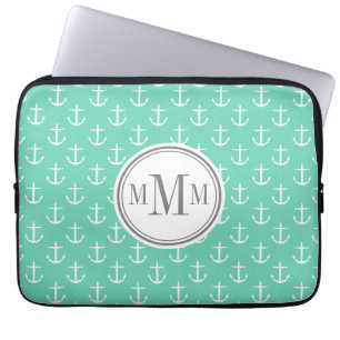 Trio Monogram Minze White Anchor Muster Laptopschutzhülle