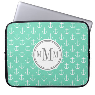 Trio Monogram Minze White Anchor Muster Laptopschutzhülle
