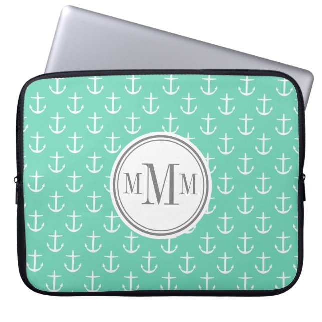 Trio Monogram Minze White Anchor Muster Laptopschutzhülle (Vorderseite)