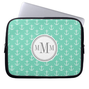 Trio Monogram Minze White Anchor Muster Laptopschutzhülle