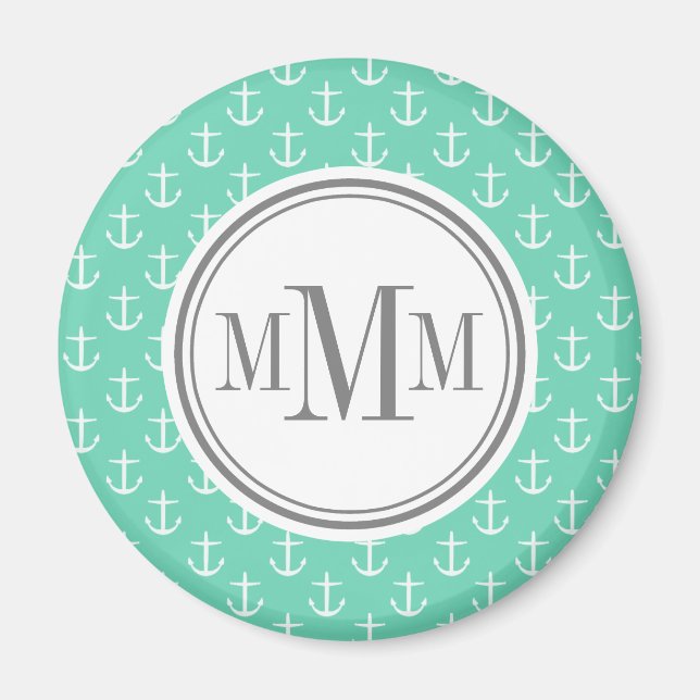 Trio Monogram Minze White Anchor Muster Magnet (Vorne)