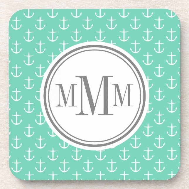 Trio Monogram Minze White Anchor Muster Untersetzer (Vorderseite)