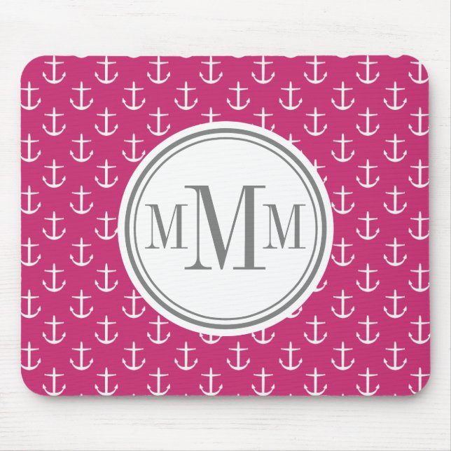 Trio Monogram Pink White Anchor Muster Mousepad (Vorne)