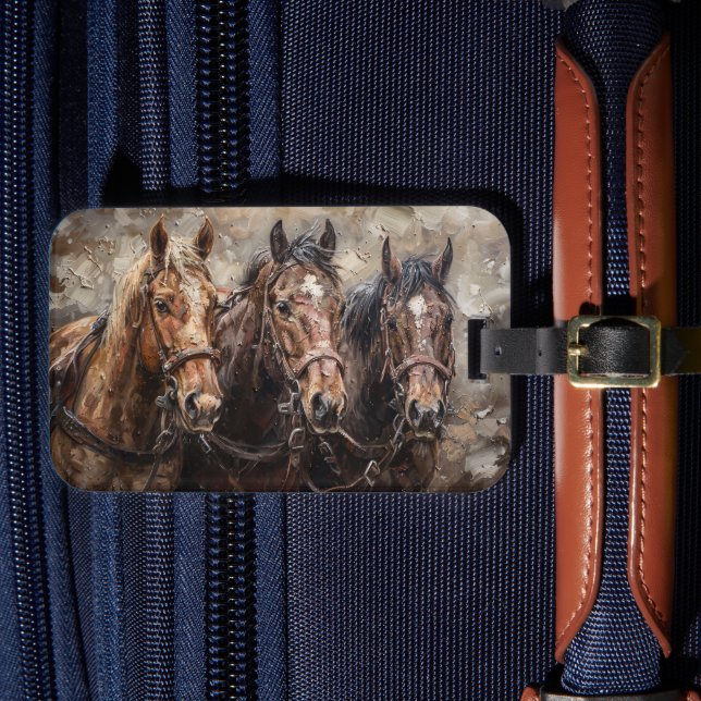 Trio of Horses Painting Luggage Tag Gepäckanhänger (Vorderseite Insitu 4)