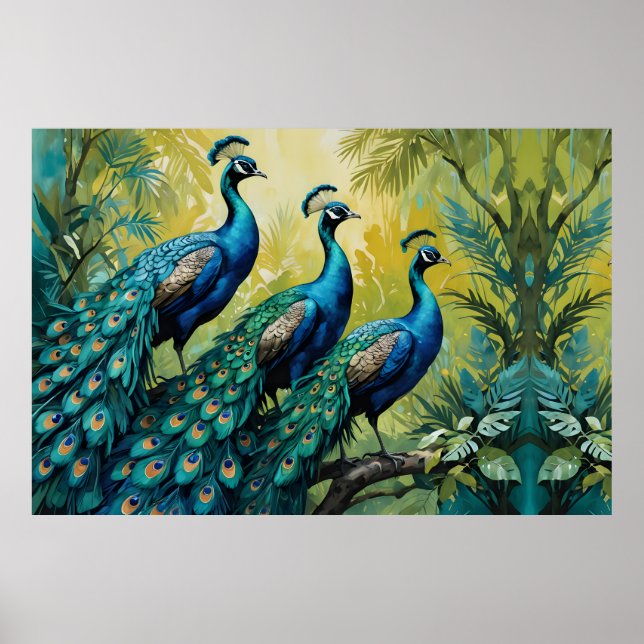 Trio of Peacocks im Urwald Poster (Vorne)