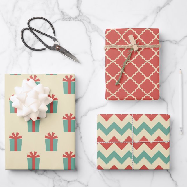 Trio Retro Weihnachtswrapping Paper Sheets Geschenkpapier Set (Vorderseite)