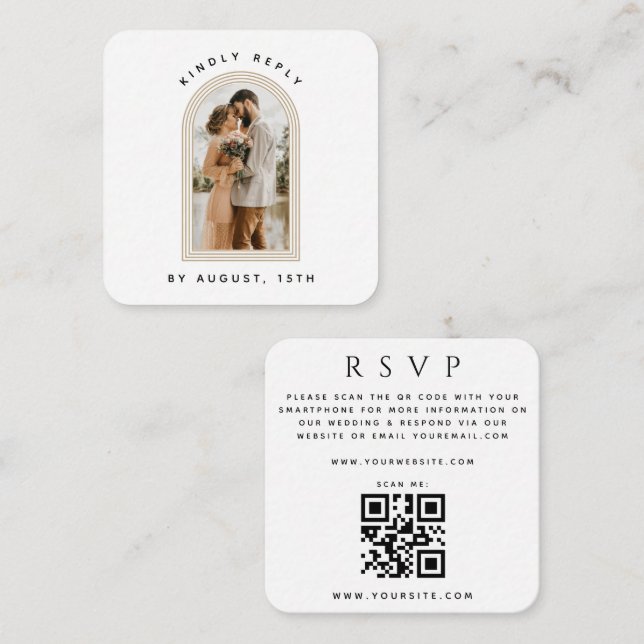 Triple Arch Foto QR Code Online Wedding RSVP Chic Begleitkarte (Vorne/Hinten)
