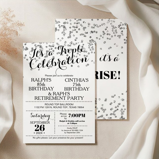 Triple Celebration Confetti Faux Silver Invitation Einladung (Von Creator hochgeladen)