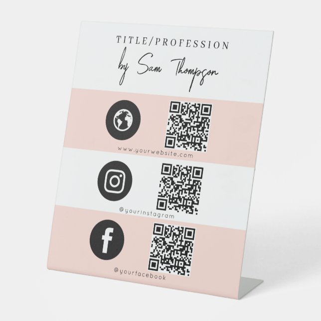 Triple Icon & QR Code Business Social Media Pink Sockelschild (Vorderseite)