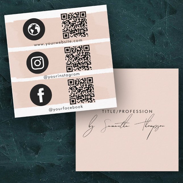 Triple Icon QR Code Social Media Blindpink Quadratische Visitenkarte (Triple Icon QR Code Social Media Blush Pink Square Business Card)