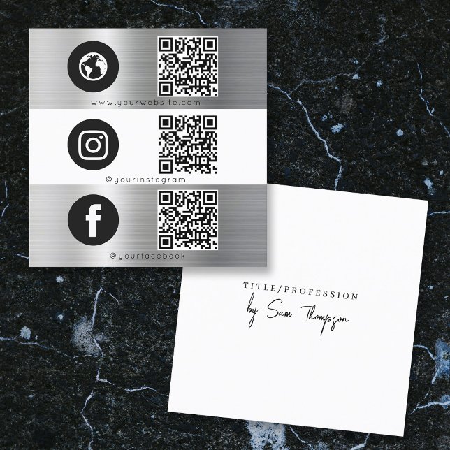 Triple Icon QR Code Social Media Silver Metal Quadratische Visitenkarte (Triple Icon QR Code Social Media Silver Metal Square Business Card)