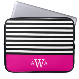 Triple Letter Monogram Fuchsia Schwarz-weiße Strei Laptopschutzhülle