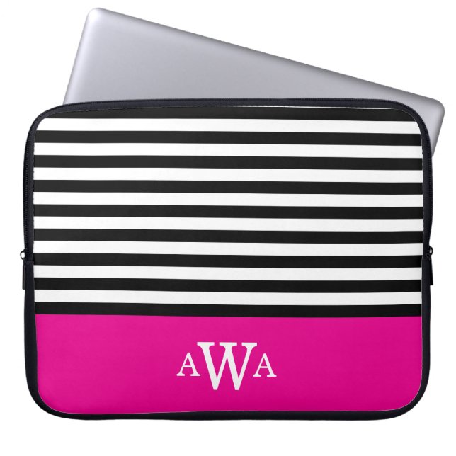 Triple Letter Monogram Fuchsia Schwarz-weiße Strei Laptopschutzhülle (Vorderseite)