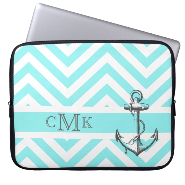 Triple Mit Monogramm Anchor & Blue Zigzags Laptopschutzhülle (Vorderseite)