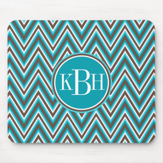Triple Monogram Aquamarin Blue Brown Zickzack Mousepad (Vorne)