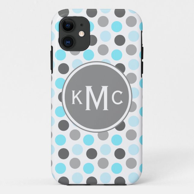 Triple Monogram Blue Gray Dots Case-Mate iPhone Hülle (Rückseite)