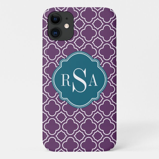 Triple Monogram Blue Lila Quatrefoil Muster Case-Mate iPhone Hülle (Rückseite)