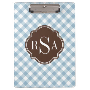 Triple Monogram Brown Blue Gingham Pattern Klemmbrett