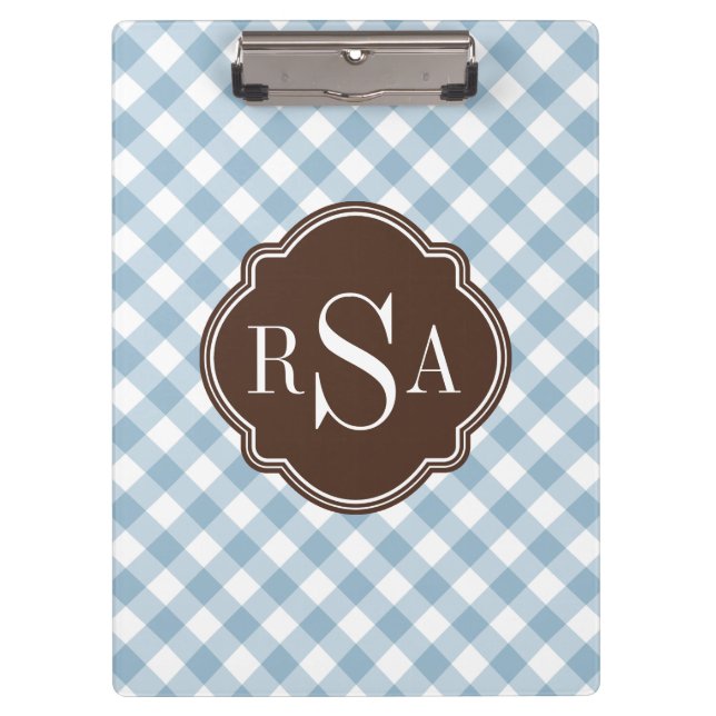 Triple Monogram Brown Blue Gingham Pattern Klemmbrett (Vorderseite)