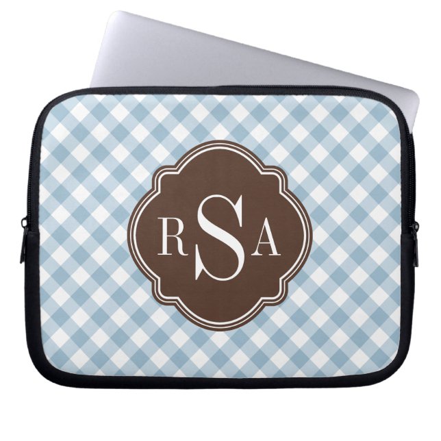 Triple Monogram Brown Blue Gingham Pattern Laptopschutzhülle (Vorderseite)