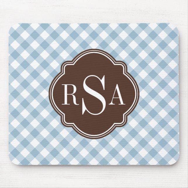 Triple Monogram Brown Blue Gingham Pattern Mousepad (Vorne)