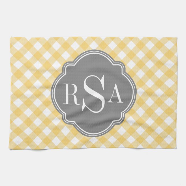 Triple Monogram Grau Yellow Gingham Pattern Handtuch (Horizontal)