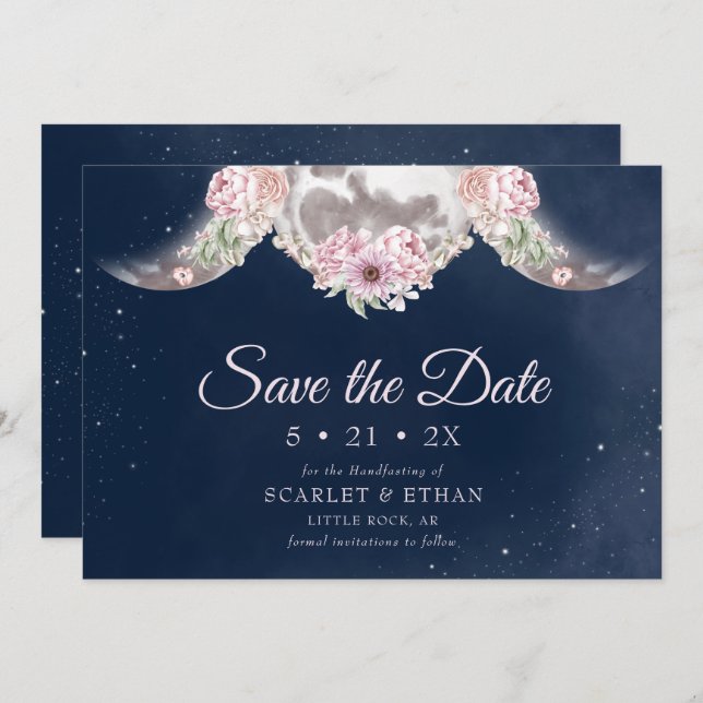 Triple Moon Dark Blue Night Sky Floral Handfasts Save The Date (Vorne/Hinten)