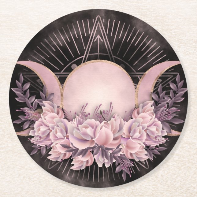 Triple Moon - Triple Goddess - Gentle Floral Runder Pappuntersetzer (Vorderseite)