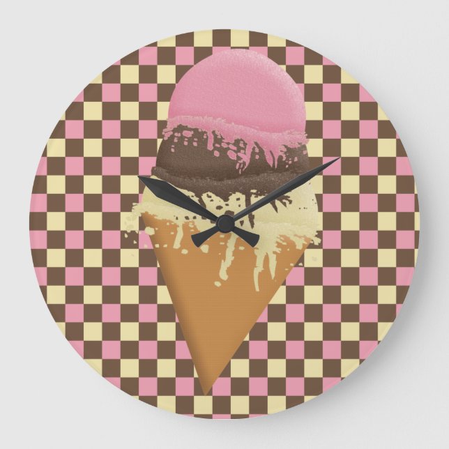 Triple-Scoop-Eiscreme-Kronenmauer Große Wanduhr (Vorderseite)