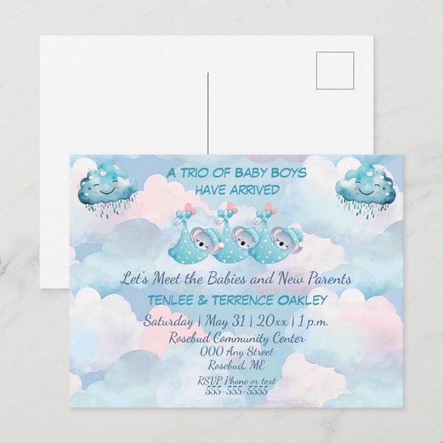 Triplet Baby Boys Blue Shower Invitation Postcard Postkarte (Vorne/Hinten)