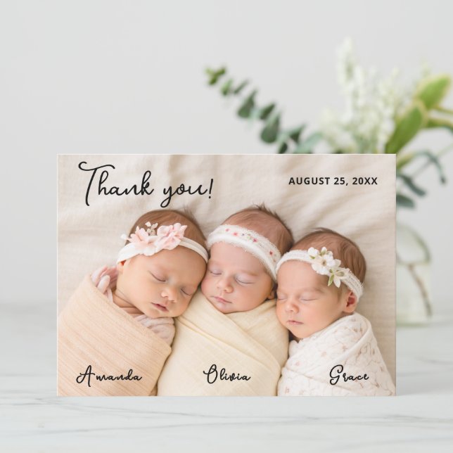 Triplet Baby Girls Dankeschön Card mit Foto Ankündigung (Stehend Vorderseite)