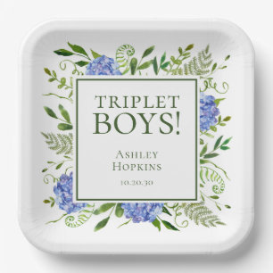 Triplet Boys Blue Hydrangeas Baby Dusche Pappteller