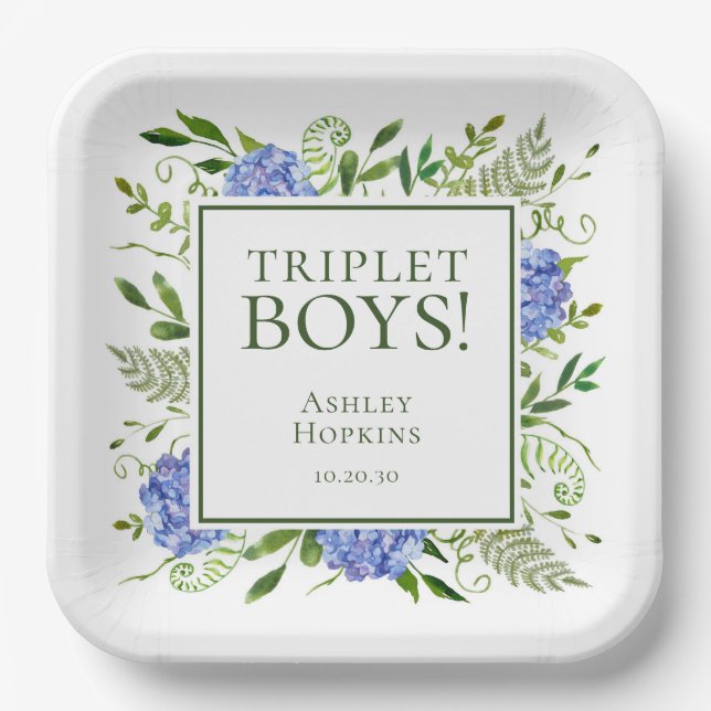 Triplet Boys Blue Hydrangeas Baby Dusche Pappteller (Vorderseite)
