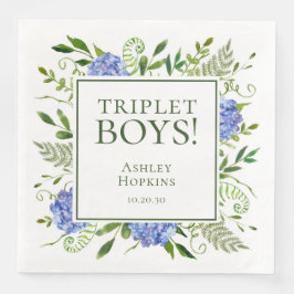 Triplet Boys Blue Hydrangeas Baby Dusche Serviette