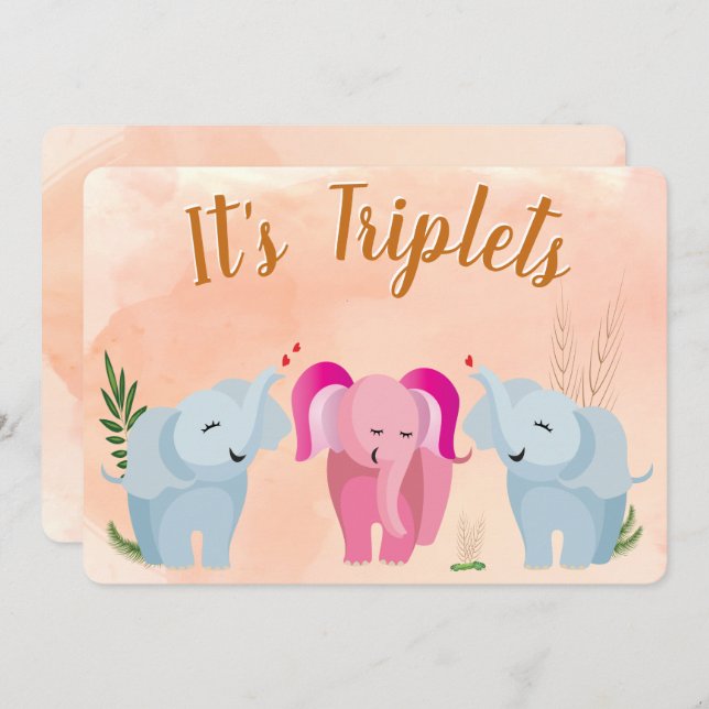 Triplet Elephant Baby Dusche Einladung (Vorne/Hinten)