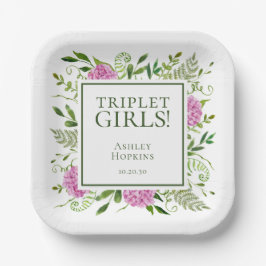 Triplet Girls Pink Hydrangeas Girl Baby Dusche Pappteller