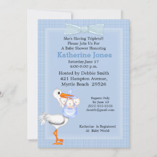Triplets Baby Boy Shower Invitation (Stork) Einladung