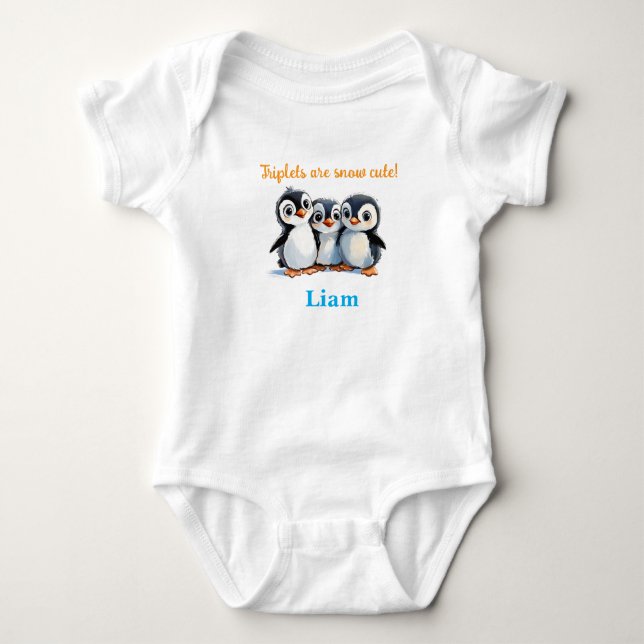 Triplets Baby Duschgeschenk, Pinguine, mit Namen, Strampler (Vorderseite)