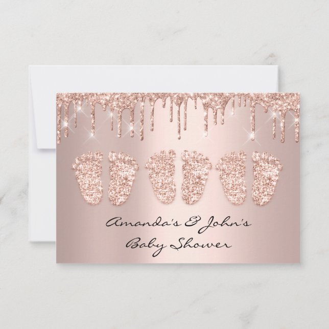 Triplets Baby Shower Feet Rose Tropfen Girl Boy Einladung (Rückseite)