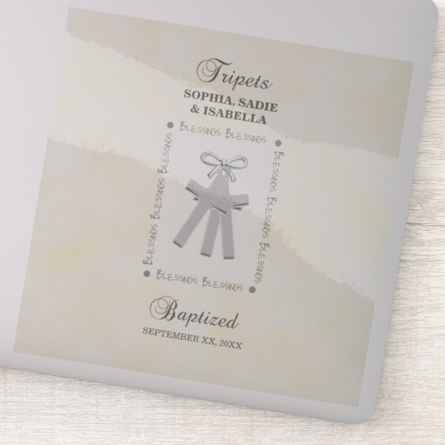 Triplets Taufe auf Gelben 3 Kreuze Personalisiert Aufkleber (Detail)