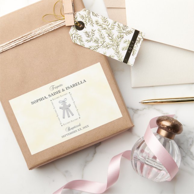 Triplets Taufe auf Gelben 3 Kreuze Personalisiert Rechteckiger Aufkleber (Schenken)