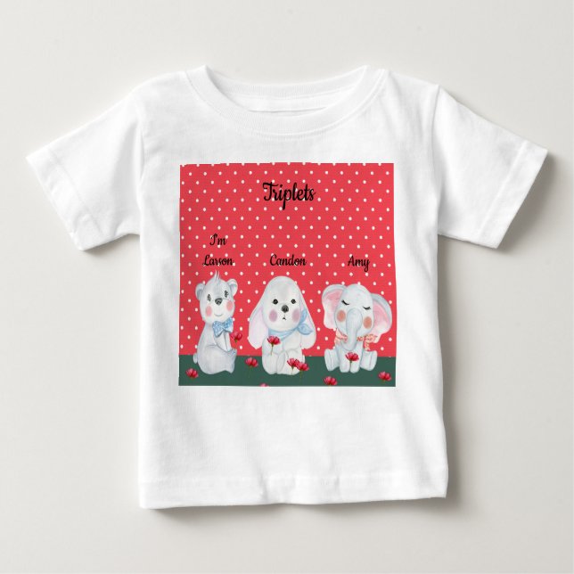 Triplets Teemaschine für Junge in Rot mit Tieren Baby T-shirt (Vorderseite)
