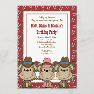 TRIPLETS Western Cowboy Affen 12x18 Geburtstag Einladung