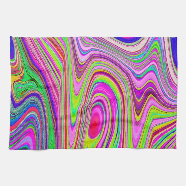 Trippelgelb und rosa Abstrakte Groovy Retro Art Geschirrtuch (Horizontal)