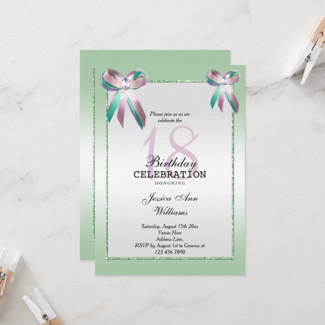 Tripple Gem Bow & Glitzer 18. Geburtstag  Einladung (Vorderseite/Rückseite Beispiel)