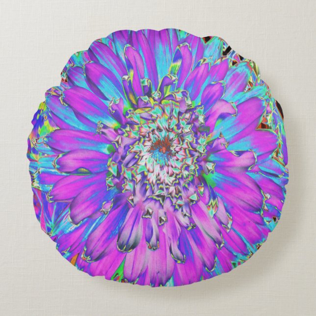 Trippy Abstrakt Aqua, Lima grün und Lila Dahlia Rundes Kissen (Vorderseite)