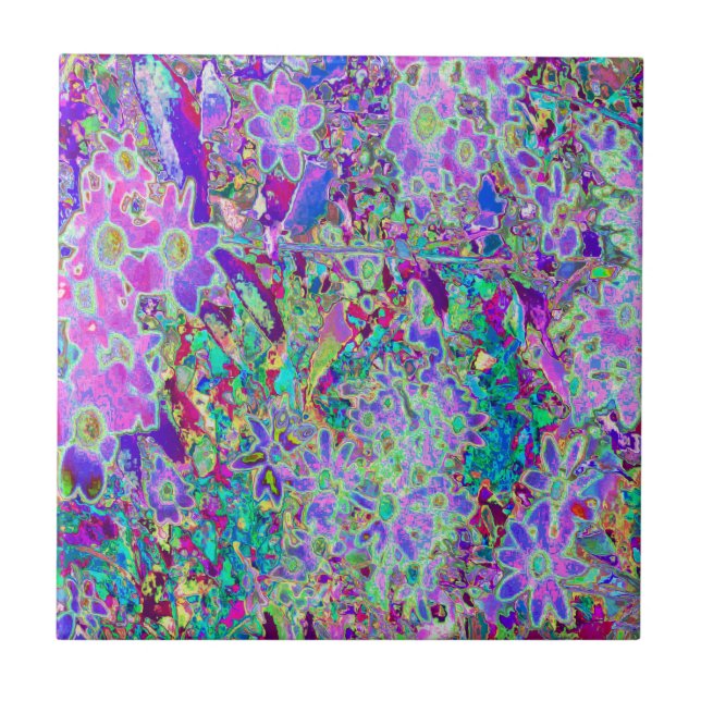 Trippy Abstrakte rosa und violette Blumen Fliese (Vorderseite)